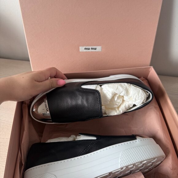 NWT Miu Miu Platform Slip-on Sneakers Black Leather Silver Toe Cap Sz 35.5 - Picture 5 of 13